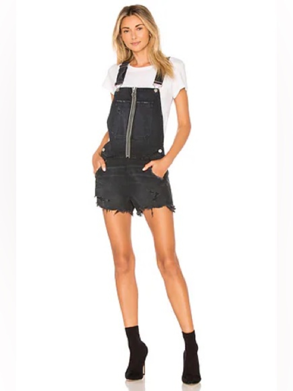 Hudson “Joey” Exposed Zip Distressed Shortall Overalls With Shredded Hems Size S